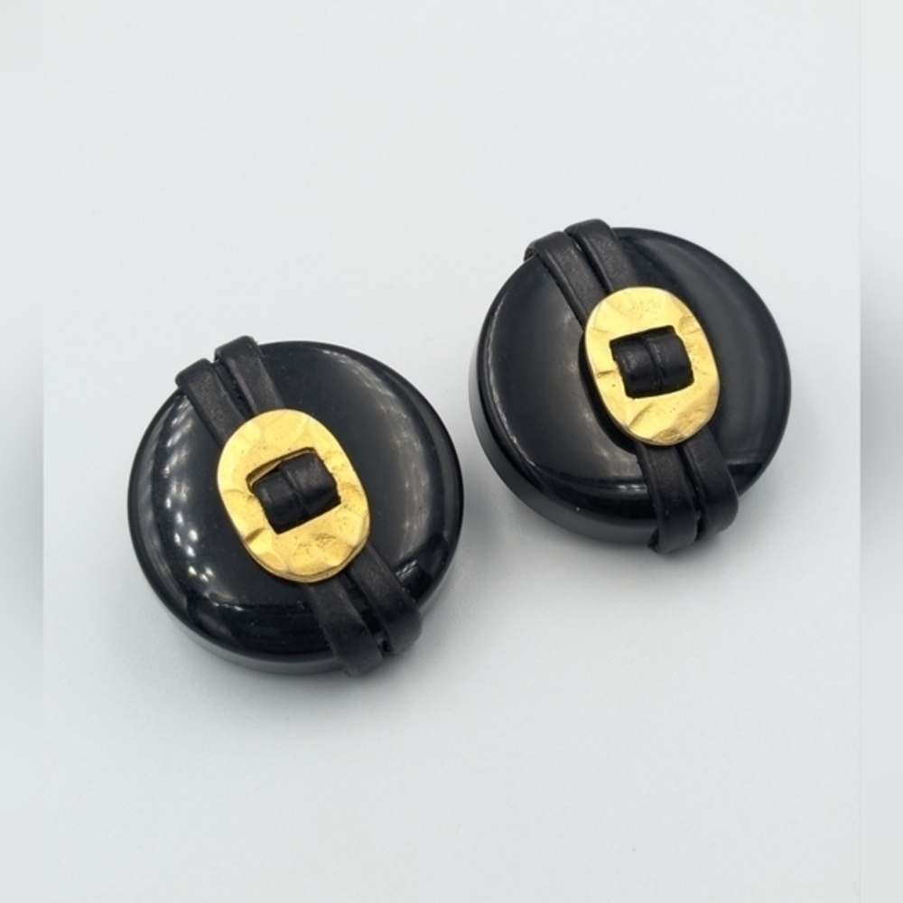 Vintage Made in Italy chunky round black gold tone buckle clip on earrings